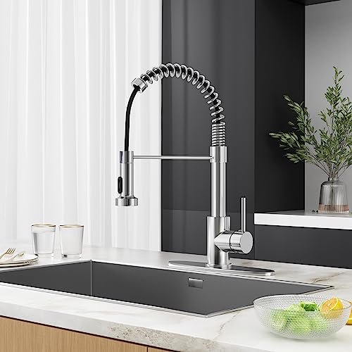 Kitchen Faucet with Pull Down Sprayer, Single Handle Pull Down Spring Sink Faucet, 1 Hole or 3 Hole Dual Function Sprayer for Farmhouses, Utility Rooms, RV's and Bars - color: Brushed Nickel, style: Spring