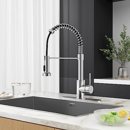 Kitchen Faucet with Pull Down Sprayer, Single Handle Pull Down Spring Sink Faucet, 1 Hole or 3 Hole Dual Function Sprayer for Farmhouses, Utility Rooms, RV's and Bars - color: Brushed Nickel, style: Spring