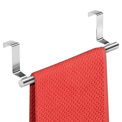 Over Cabinet Towel Bar with Hooks, 14 Inch | Brushed Stainless Steel Over The Door Towels Rack for Home Kitchen Inside Outside Cabinets Doors Hand Dish Towels Washcloths