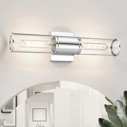 2-Light Chrome Bathroom Vanity Light Fixtures, Clear Glass Shade | Modern bathroom wall sconces, vertical/horizontal mounting, E26 base, hardwired, bulbs not included, VL834-CH-CL - color: Chrome-Clear Glass