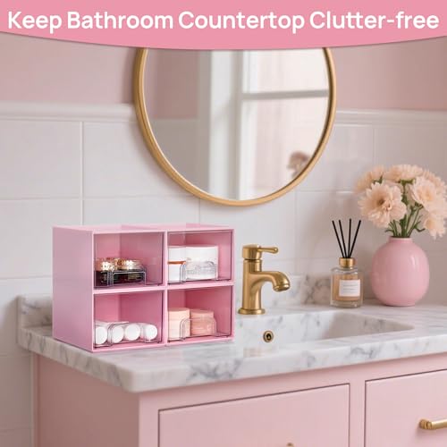 Vtopmart 4 Pack Small Clear Stackable Storage Drawers, Pink | Bathroom Makeup Accessories Organizer, Plastic Bins For Desk, Vanity, Undersink, Medicine Cabinet ,Home Organization - style: 4pack-Pink