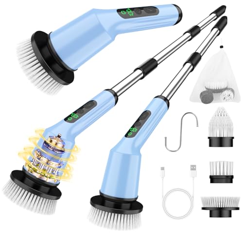 Electric Spin Scrubber for Bathroom, Shower Scrubber with Long Handle | Shower Cleaner Brushes, IPX7 Waterproof & 2 Speed, 3 Brush Heads, 90min Runtime, Bathroom Cleaning Supplies for Toilet Tub - color: Sky, size: 3 Brush Heads