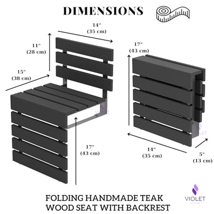 Folding Wall Mounted Teak Wood Shower Seat with Backrest, Water Resistant Foldable Bathroom Stool with Legs, Premium Materials Handmade Shoe Changing Bench, Space Saving and Super Safe Chair (Black) - color: Black