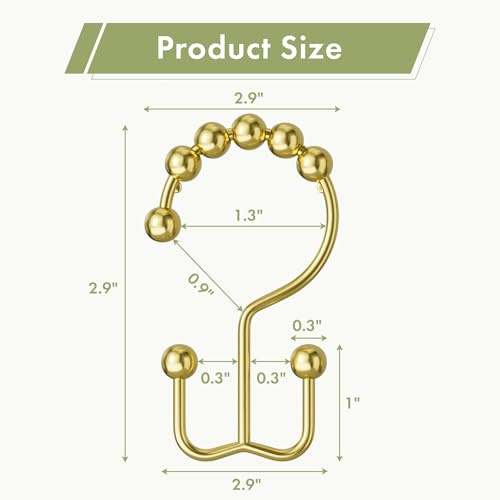 Gold Shower Curtain Hooks, 12PCS Rust-Resistant Metal Double Shower Curtain Rings for Curtain Rolling Shower Hooks, Shower Rings for Bathroom Shower Curtain Rod - color: Gold, style: Modern - Double Hooks