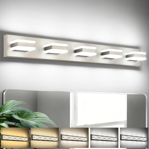 SOLFART Bathroom Brushed Nickel Bathroom Light Fixture, Vanity Lights Over Mirror, 5 Light Led Lights for Bathrooms,5 Color Temperature Adjustable Vanity Lights for Bath Nickel ETL Listed - color: Brushed Nickel-5 Color Adjustable & 100%-0% Dimmable Brigh