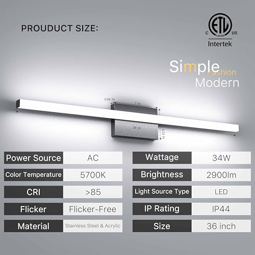 36Inch LED Bathroom Vanity Light Bar 5700K Dimmable Led Bathroom Light Over Mirror Modern Bath Wall Light Cool White ETL Certified 34W 2Pack - color: 2 Pack - Black 5700k Daylight, size: 36 Inch