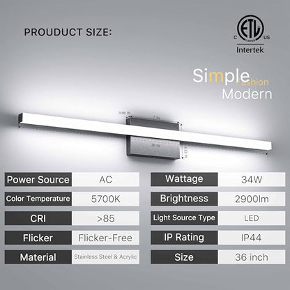 36Inch LED Bathroom Vanity Light Bar 5700K Dimmable Led Bathroom Light Over Mirror Modern Bath Wall Light Cool White ETL Certified 34W 2Pack - color: 2 Pack - Black 5700k Daylight, size: 36 Inch