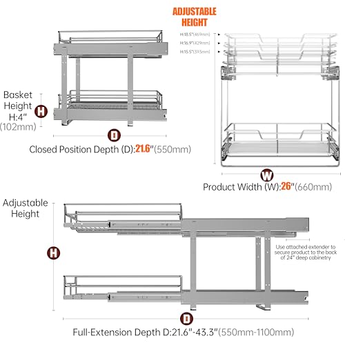 2-Tier Pull Out Cabinet Organizer, 26" W x 22" D, Chrome | Heavy-Gauge Wire Slide Out Shelves, 100 lbs Capacity, Ball-Bearing Glides, Min 27" Opening, Under Stove Storage - size: 26 x 22 Inch
