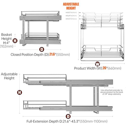 2-Tier Pull Out Cabinet Organizer, 26" W x 22" D, Chrome | Heavy-Gauge Wire Slide Out Shelves, 100 lbs Capacity, Ball-Bearing Glides, Min 27" Opening, Under Stove Storage - size: 26 x 22 Inch