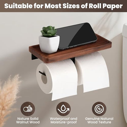 Double Toilet Paper Holder with Walnut Wood Shelf - Wall Mount & Self-Adhesive Bathroom Tissue Roll Holder, Black Stainless Steel with Walnut Shelf for Phone - Home Apartment Restroom - color: Walnut & Matte Black Double Hooks