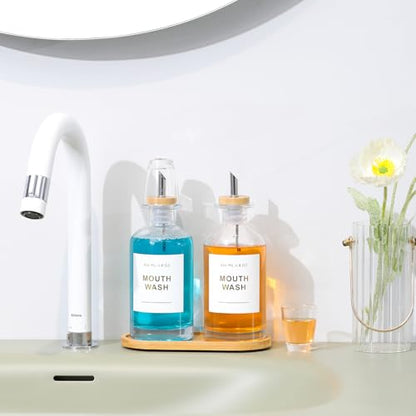 11.8OZ Glass Mouthwash Dispenser, Set of 2, Clear | Stainless Steel & Bamboo Nozzle, Reusable Mouthwash Cup, Bamboo Tray, Elegant Gold Sticker - color: Clear/350*2