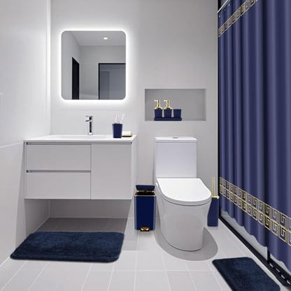 XLHOMO Bathroom Sets with Shower Curtain and Rugs Bathroom Accessories Set Navy Blue Bathroom Set,Soap Dispenser & Toilet Brush Holder Set with Stainless Steel Trash Can - size: Navy blue, style: Bath Set+Shower Curtain+Bath Rugs