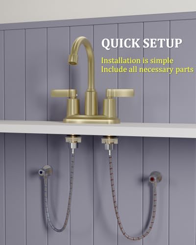 Brushed Gold Bathroom Sink Faucet 3 Hole 4 Inch Centerset Bathroom Faucets | Faucet for Bathroom Sink with Pop Up Drain and 2 Supply Hoses 2 Handle Bathroom Faucet for Sink Vanity RV Evolvegoods - color: Brushed Gold