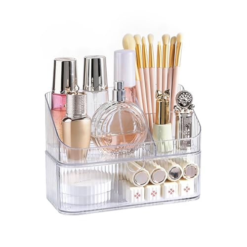 DASITON Makeup Organizer with Drawers, 2 Tier Stackable Organizer for Cosmetics, Skincare, Lipsticks, Makeup Brush, Acrylic Small Makeup Organizers for Vanity Bathroom Countertop Desk Storage (Clear) - color: Clear