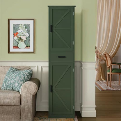 TEENFON Tall Bathroom Cabinet, Storage Cabinet with 6 Shelves & Drawer, Bathroom Storage Cabinet with Adjustable Shelves, Tall Cabinet for Living Room, Home Office, Green