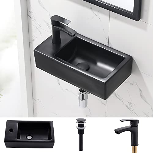 Small Corner Bathroom Sink with Faucet, Wall Mount 18 Inch | Small Wall Mount Bathroom Sink Narrow Space Matte Black Porcelain Ceramic Cloakroom Mini Vanity Vessel Sink, Left Hand - color: Matte Black, size: 18" L x 9.8" W (Left Hand)