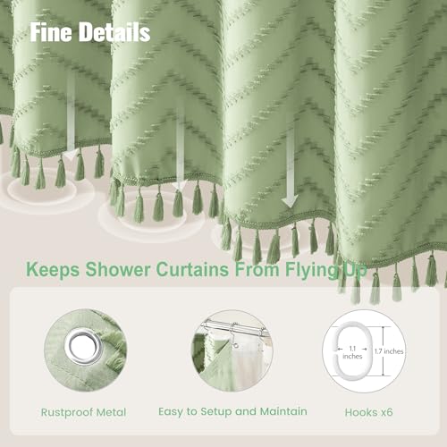 Stall Shower Curtain and Liner Set - 36 x 72 inch Half Boho Shower Curtain and Waterproof Clear Liner, Tufted Chevron Striped Tassel Shower Curtains for Bathroom, 6 Hooks, 36x72, Sage Green - color: Sage Green, size: 36"W x 72"L (Pack of 1)