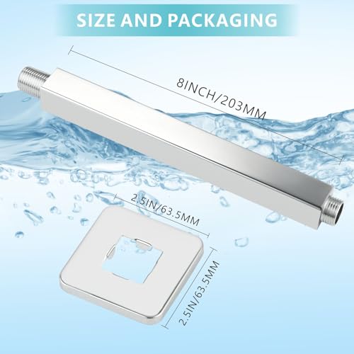 Ceiling Mounted Shower Arm with Flange, Universal Connection 1/2 NPT Straight, Made of Thicken Stainless Steel, Square Extension Arm for Fixed Rain Shower Head(8 Inch, Chrome) - color: Chrome, style: 8 Inch