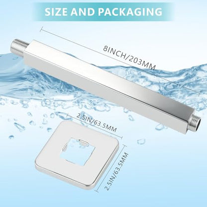 Ceiling Mounted Shower Arm with Flange, Universal Connection 1/2 NPT Straight, Made of Thicken Stainless Steel, Square Extension Arm for Fixed Rain Shower Head(8 Inch, Chrome) - color: Chrome, style: 8 Inch