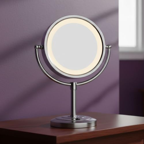 JERDON Lighted Makeup Mirror with 5X Magnification - Nickel - HL745NC | Two-Sided 1X View, 8.5" Diameter, 15.5" Tall, Halo Lighting - color: Nickel