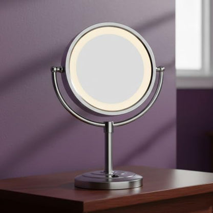 JERDON Lighted Makeup Mirror with 5X Magnification - Nickel - HL745NC | Two-Sided 1X View, 8.5" Diameter, 15.5" Tall, Halo Lighting - color: Nickel