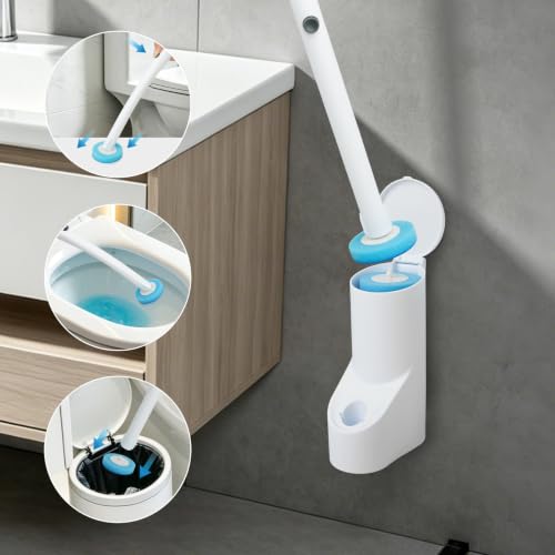 IwIeIaIrI Disposable Toilet Brush and Holder Set with 48 Refills, Cylinder | Wall mount holder design, cleaning wand removes limescale for bathroom & bathtub sanitation. - color: Blue Handle