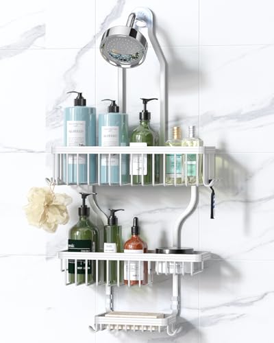 Never Rust Shower Caddy Hanging, Aluminum Shower Racks for Inside Shower, 3-Tier Shower Organizer Hanging Over Shower Head with Hooks and Soap Holder, White - color: White