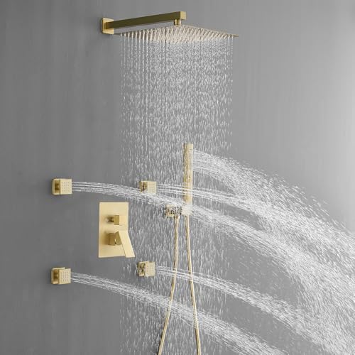 RUMOSE Rainfall Shower System with 4 Full Body Jet 4 Mode Shower Faucet Set | 12 Inch Rain Shower Head, 2 in 1 Handheld Spray, Brushed Gold Brass Shower Jet Shower Fixtures, Wall Mounted - color: Brushed Gold