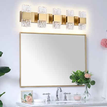 MELUCEE 5 Lights Brass Crystal Vanity Light Bar LED Bathroom Lights 30.3 in | 40W LED Modern Vanity Lighting Fixtures Wall Mount for Bath Restroom Powder Room, 3000K Warm Lighting - color: Brass, size: 5 Lights