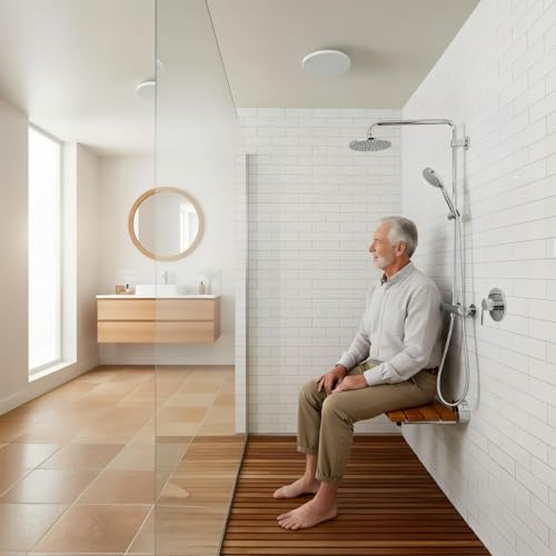 20 inchs Teak Folding Shower Seat Wall Mounted,Fold Down Shower Bench for Shower Space, Home Care Teak Wood Stool for Inside Shower,Pregnants-Maximum Load 440lb (Glossy & Yellow) - color: Glossy & Yellow