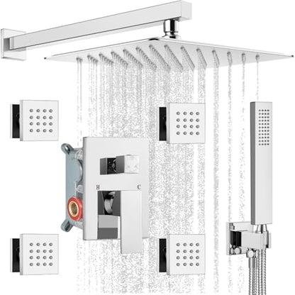 gotonovo Rainfall Shower System with Full Body Jets 4pcs Polished Chrome | 12’’ Rainfall Shower Head with Handheld Spray Combo,Wall Mount,Rough-in Valve and Trim Kit,Brass Body Message Jets,All Metal - color: Chrome
