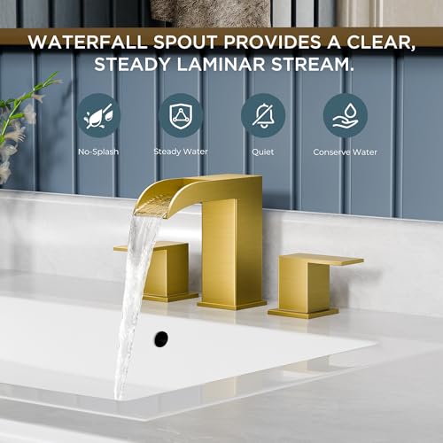 QFN Waterfall Bathroom Faucet 3 Hole 8" Widespread Brushed Gold 2 Handle | Bathroom Sink Faucet Lead-Free with Pop-up Drain and Supply Lines, Fits 4-12 Inch 3 Hole Install, for Vanity Laundry Restroom - color: Brushed Gold, style: Waterfall