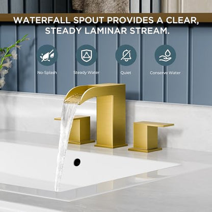 QFN Waterfall Bathroom Faucet 3 Hole 8" Widespread Brushed Gold 2 Handle | Bathroom Sink Faucet Lead-Free with Pop-up Drain and Supply Lines, Fits 4-12 Inch 3 Hole Install, for Vanity Laundry Restroom - color: Brushed Gold, style: Waterfall