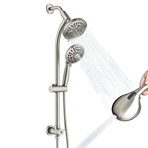 High Pressure Handheld/Rain 82-mode 3-way Shower Head Combo with 25.75" Adjustable Drill-free Stainless Steel Slide Bar, Pet & Tub Power Wash and Anti-clog Nozzles, with 5ft Hose - Brush Nickel - color: Brush Nickel