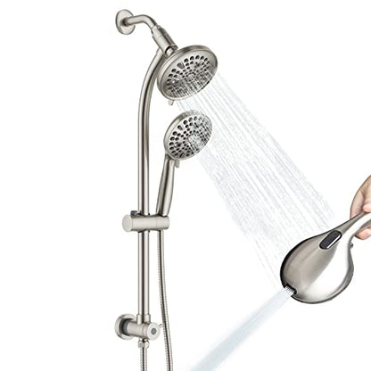 High Pressure Handheld/Rain 82-mode 3-way Shower Head Combo with 25.75" Adjustable Drill-free Stainless Steel Slide Bar, Pet & Tub Power Wash and Anti-clog Nozzles, with 5ft Hose - Brush Nickel - color: Brush Nickel