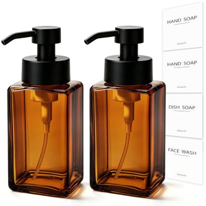 Foaming Hand Soap Dispenser, 12oz/350ml Glass Foaming Soap Dispenser, 2Pcs Foaming Soap Dispenser, Waterproof Labels, for Bathroom & Kitchen, Amber