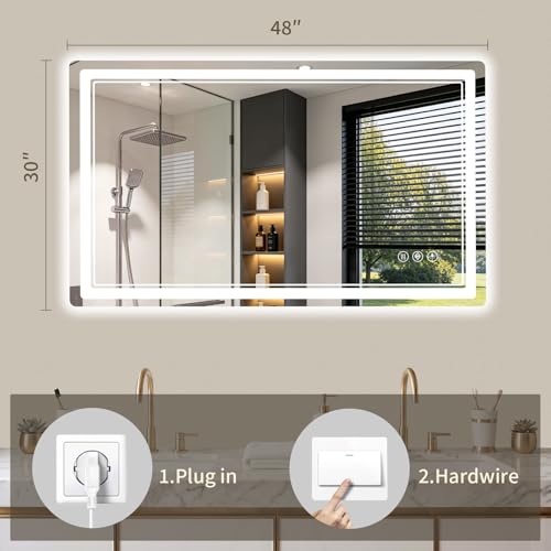 30"x48" LED Bathroom Mirror with Lights, Backlit + Front Lit, Anti-Fog, Lighted Bathroom Mirror for Wall, HD Shatterproof Tempered Glass, Dimmable, Memory Function (Horizontal/Vertical) - size: 48"L x 30"W
