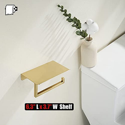 JQK Toilet Paper Holder Shelf, Bathroom Tissue Roll Holder with Phone Shelf, 5 Inch 304 Stainless Steel Tissue Paper Dispenser, Brushed Gold Finished Wall Mount, TPH202-BG - color: Gold
