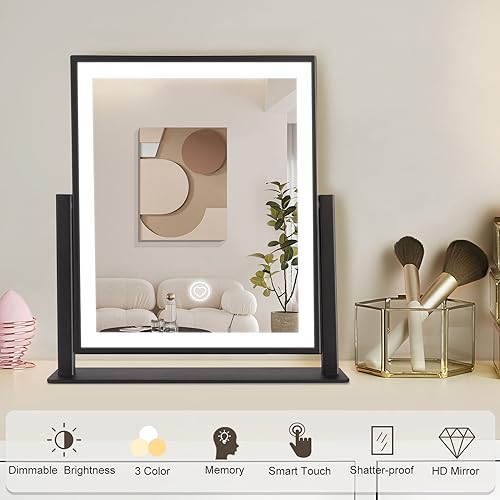 Beelux Vanity Mirror with Lights,15.3" Makeup Mirror with Light Smart Touch Control Dimmable 3 Modes Lighted LED Mirror 360°Rotation Black for Christmas Birthday Thanksgiving Mother's Day - size: 15.3"L x 12.6"W