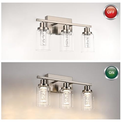 MELUCEE 3 Light LED Bathroom Light Fixtures Brushed Nickel 3000K-6000K | Dimmable Bathroom Lights Over Mirror Wall Light Fixture with Crystal Bubble Clear Glass Shade, Built-In LED Chips - color: Brushed Nickel, size: LED-3 Lights
