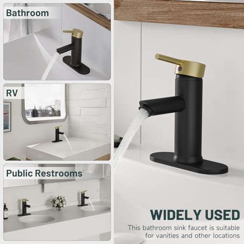 Bathroom Faucet for 1 or 3 Holes, Black and Gold, Brass | Single Handle Bathroom Sink Faucets, Modern Commercial Lavatory Vanity Faucet,with Deck Plate and Supply Line, Pop Up Drain - color: Black & Gold