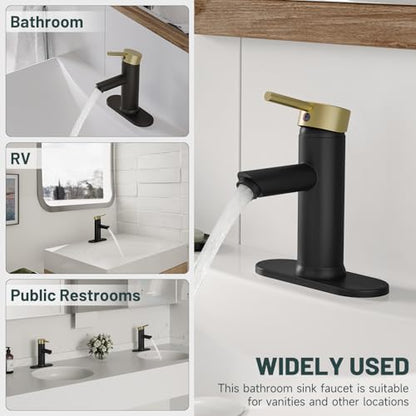 Bathroom Faucet for 1 or 3 Holes, Black and Gold, Brass | Single Handle Bathroom Sink Faucets, Modern Commercial Lavatory Vanity Faucet,with Deck Plate and Supply Line, Pop Up Drain - color: Black & Gold