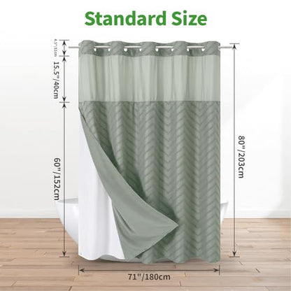 eachope Long No Hook Tufted Chevron Striped Shower Curtain with Snap-in Fabric Liner set-71Wx80H(78H),Sage Green Hotel Grade Boho Style Shower Curtain with See Through Top Window,Water Repellent - color: Sage Green, size: 71"W x 80"L (Pack of 1)