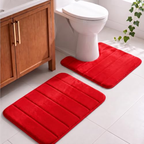 Memory Foam Bathroom Rugs Sets 2 Piece - Super Soft Absorbent Quick Dry Memory Foam Bathroom Rugs, Machine Washable Non Slip Floor Carpet for Tub Shower & Single Sink 16x24 & 20x20,(Red) - color: Red