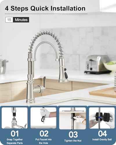 Pull-down Sprayer Kitchen Faucets Brushed Nickel 3 Mode Single Hole Kitchen Faucet 3 Hole, 360 Degree Swivel Stainless Steel Faucet for Kitchen Sink, 1 Handle Kitchen Sink Faucet with Deck Plate - color: Brushed Nickel - Modern