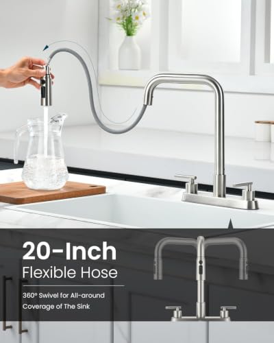 APPASO 4 Hole Kitchen Faucet Brushed Nickel for 3 or 4 Hole Standard Sinks | 2 Handle Kitchen Faucets with 3-Mode Pull Down Sprayer and Soap Dispenser, Square Spout Dual Handle Faucet Stainless Steel - color: 2-Brushed Nickel