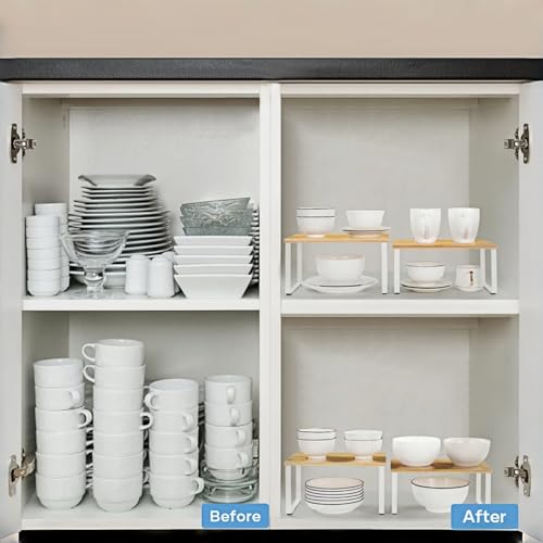 NEX Bamboo Kitchen Cabinet and Counter Shelf Organizer, Stackable & Expandable, Set of 4, White and Natural | Stackable & Expandable Spice Rack, Space-Saving Pantry Organizers Bathroom Countertop Storage, White and Natural - color: Cloud White + Natural B