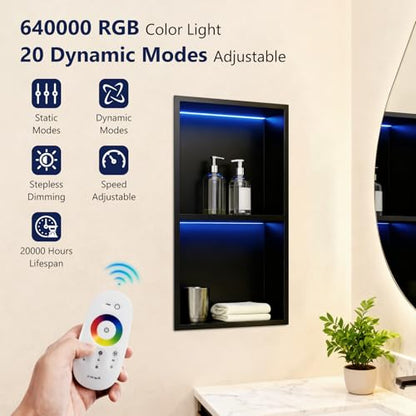 LED Shower Niche 12" X 24" RGB Shower Niche No Tile Needed | 304 Stainless Steel Shower Niche with Light, IP65 Waterproof Bathroom Niche for Shower, Remote Control, Static & Dynamic Mode - color: Matte Black-rgb, size: 12" X 24"