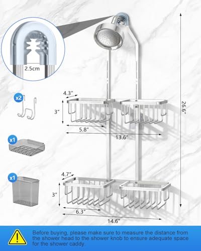 Adjustable Shower Caddy Hanging for Handheld Showerheads - Upgraded Never Rust Shower Hanging Organizer, Bathroom Shower Rack with Soap Basket, Hooks and Toothbrush Holder (Shiny Silver) - color: Shiny Silver
