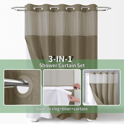 eachope No Hook Shower Curtain with Snap-in Fabric Liner Set,Slub Textured Fabric Shower Curtains for Bathroom,Hotel Style Modern Shower Curtain,Water Repellent & Washable,71x74(72),Tan/Khaki | Hotel Style Fabric with See-Through Top Window, Water Repelle